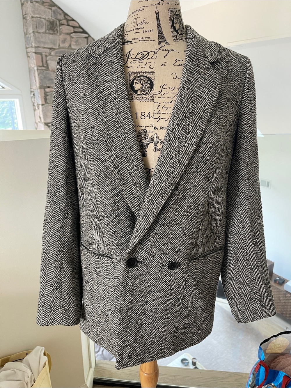 Express Women's Gray Herringbone Double-Breasted Blazer